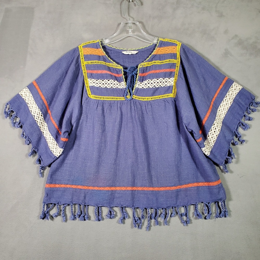 Rocks‎ & Indigo Top Womens S Blue Cotton Tassel Embroidered Boho Festival Hippie